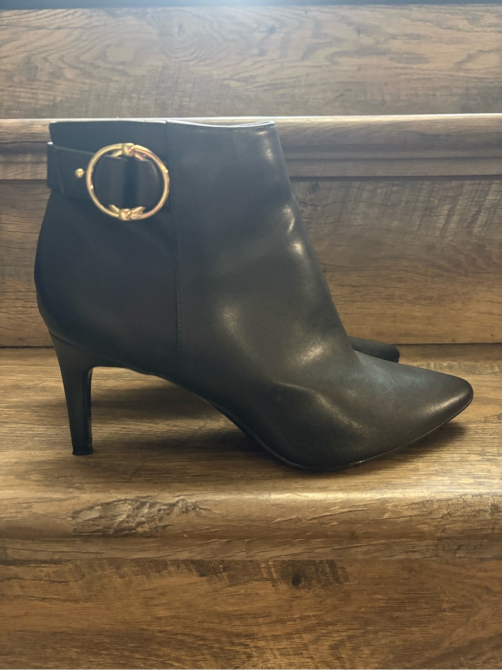 Women's Black Pointed Toe Ankle Boots with Gold Buckle